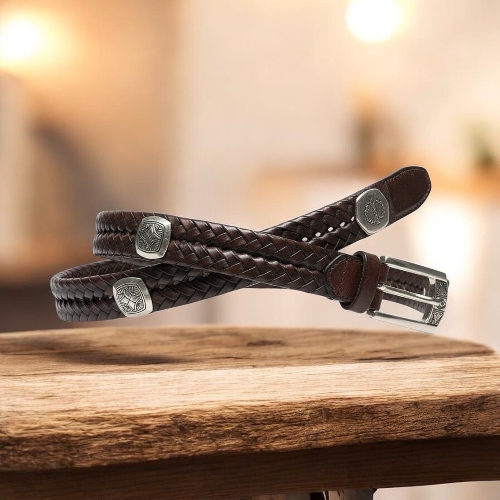 Brighton Brown Braided Leather Belt with Silver Accents